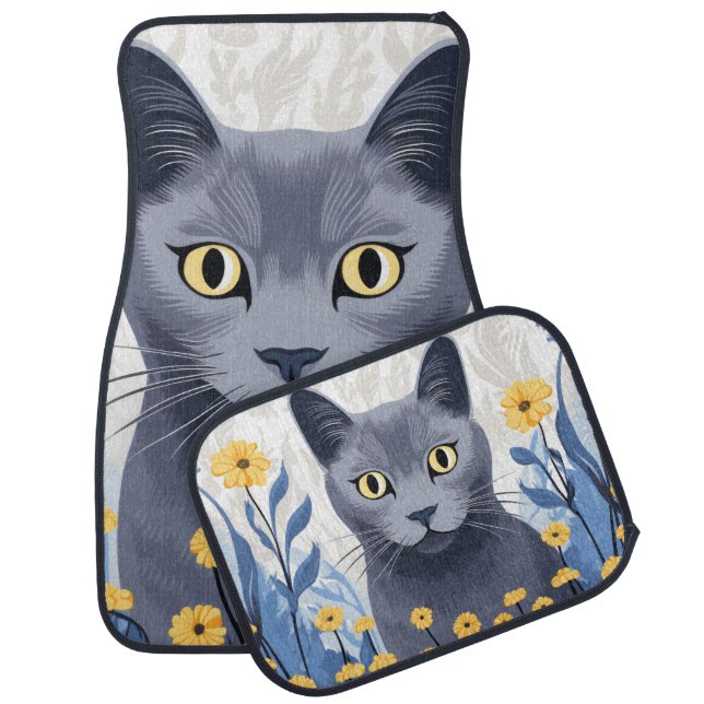 Russian Blue Cat Yellow Flowers Car Floor Mat (Set)