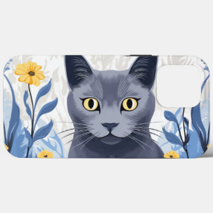 Russian Blue Cat Yellow Flowers iPhone 13 Pro Max Case
