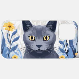 Russian Blue Cat Yellow Flowers iPhone 13 Pro Max Case
