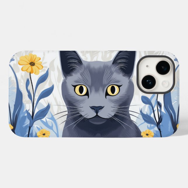 Russian Blue Cat Yellow Flowers Case-Mate iPhone Case (Back (Horizontal))