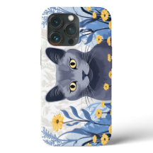 Russian Blue Cat Yellow Flowers