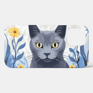 Russian Blue Cat Yellow Flowers iPhone 12 Case