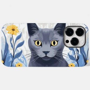 Russian Blue Cat Yellow Flowers Case-Mate iPhone 14 Pro Max Case