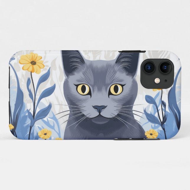 Russian Blue Cat Yellow Flowers Case-Mate iPhone Case (Back (Horizontal))