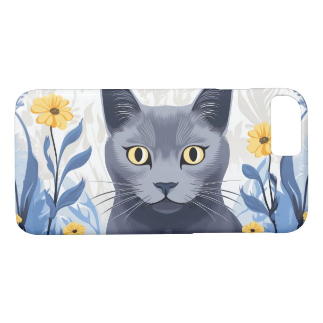 Russian Blue Cat Yellow Flowers Case-Mate iPhone Case (Back (Horizontal))