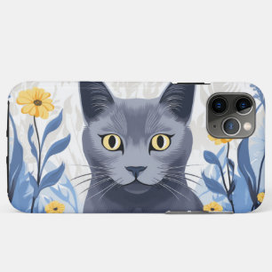 Russian Blue Cat Yellow Flowers iPhone 11 Pro Max Case