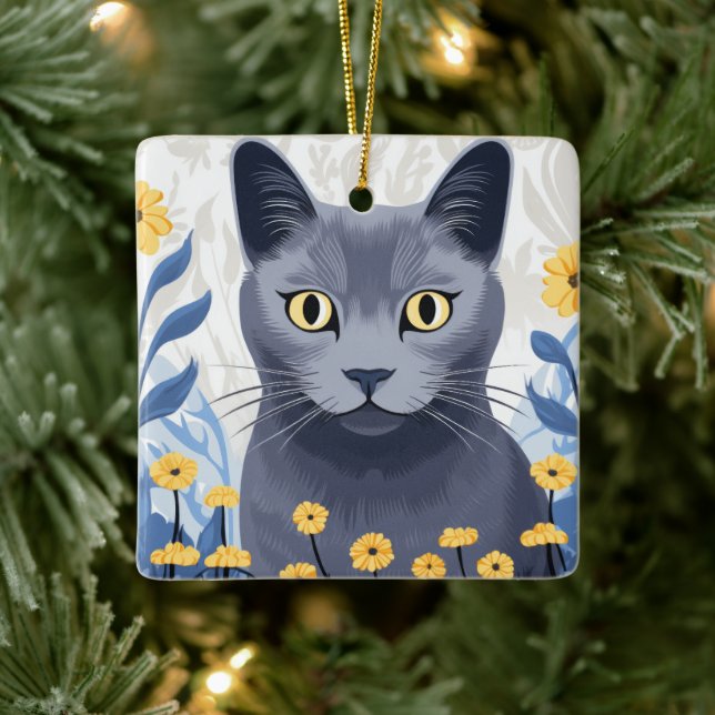 Russian Blue Cat Yellow Flowers Ceramic Ornament (Tree)