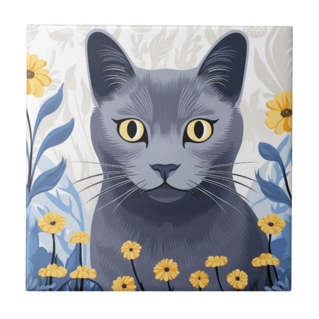 Russian Blue Cat Yellow Flowers Ceramic Tile (Front)