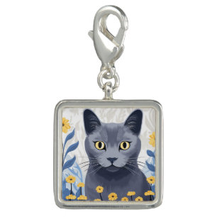 Russian Blue Cat Yellow Flowers Charm