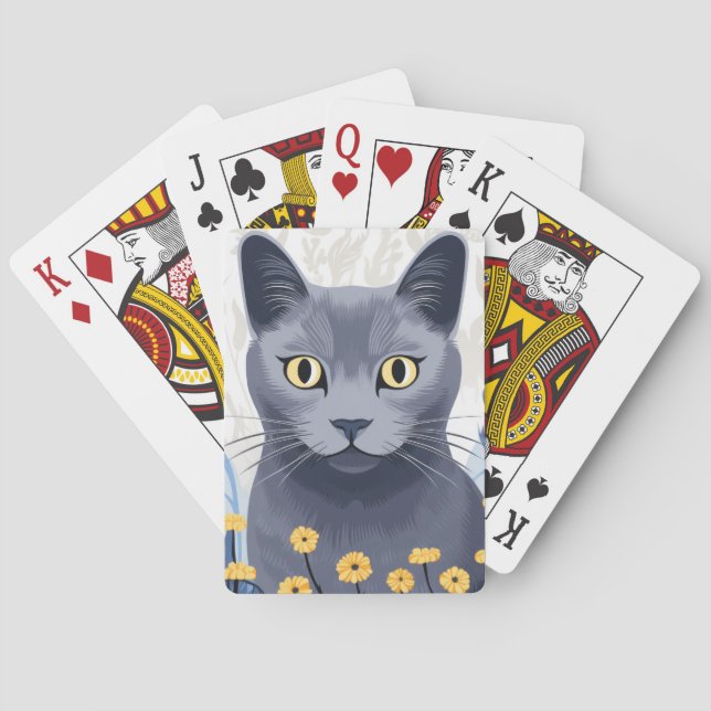 Russian Blue Cat Yellow Flowers Classic Poker Cards (Back)