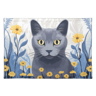 Russian Blue Cat Yellow Flowers Cloth Placemat