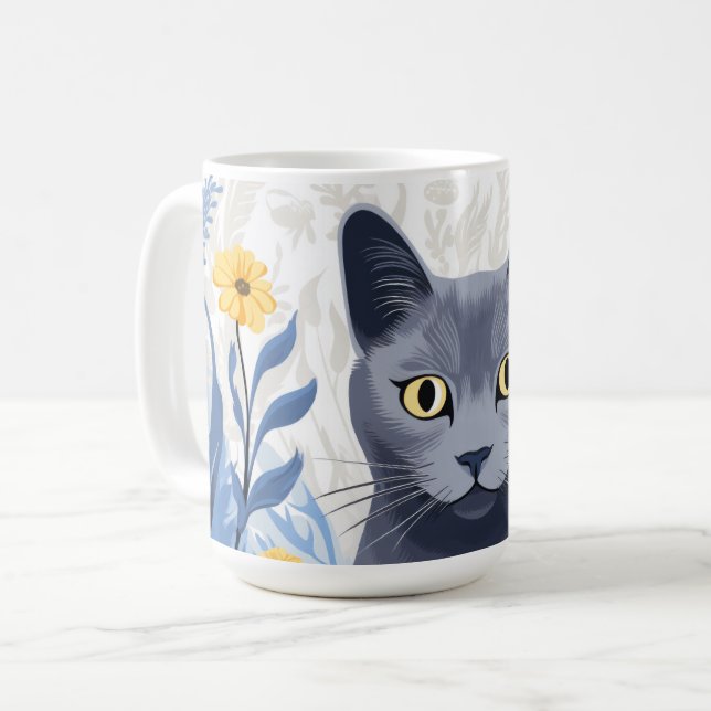 Russian Blue Cat Yellow Flowers Coffee Mug (Front Left)