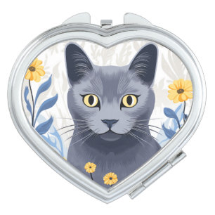 Russian Blue Cat Yellow Flowers Compact Mirror