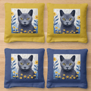 Russian Blue Cat Yellow Flowers Cornhole Bags