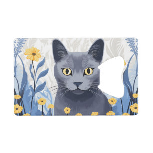 Russian Blue Cat Yellow Flowers Credit Card Bottle Opener
