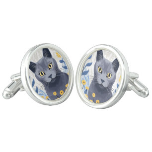 Russian Blue Cat Yellow Flowers Cufflinks