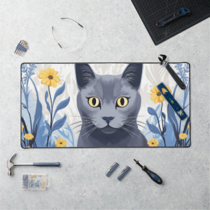 Russian Blue Cat Yellow Flowers Desk Mat