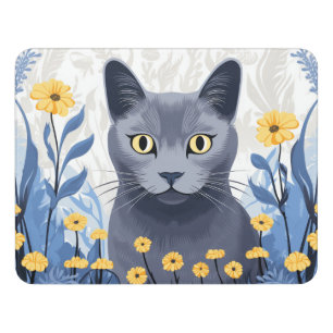 Russian Blue Cat Yellow Flowers Door Sign