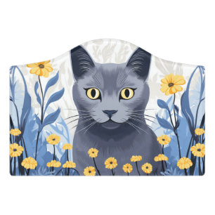 Russian Blue Cat Yellow Flowers Door Sign