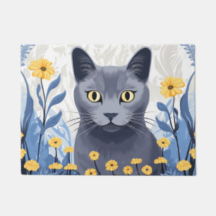 Russian Blue Cat Yellow Flowers Doormat