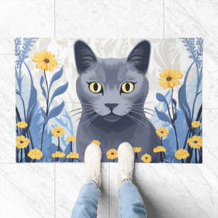 Russian Blue Cat Yellow Flowers Doormat
