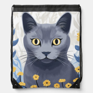 Russian Blue Cat Yellow Flowers Drawstring Bag
