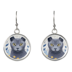 Russian Blue Cat Yellow Flowers Earrings