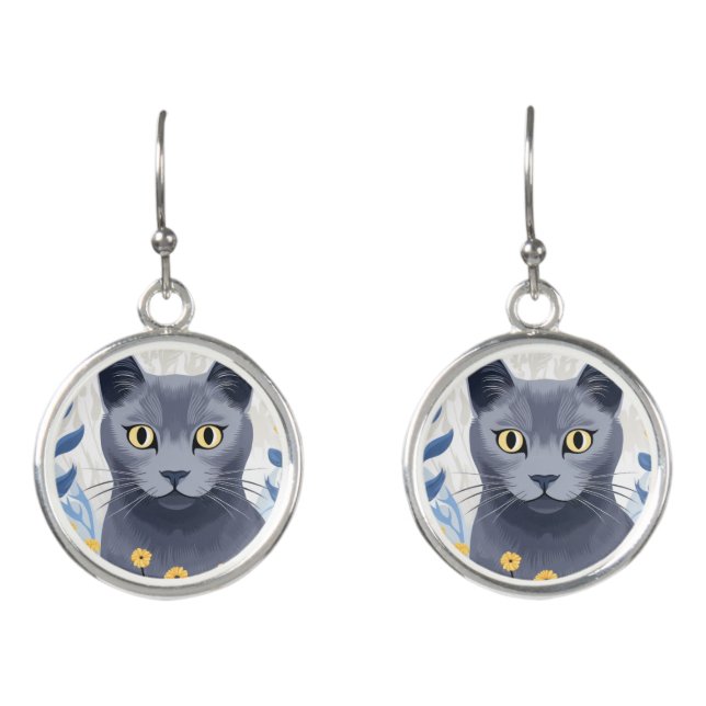 Russian Blue Cat Yellow Flowers Earrings (Front)