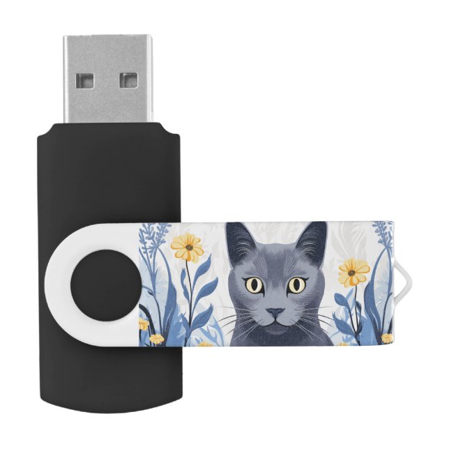 Russian Blue Cat Yellow Flowers Flash Drive (Opened)