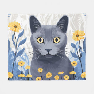 Russian Blue Cat Yellow Flowers Fleece Blanket