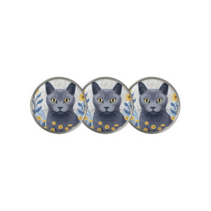 Russian Blue Cat Yellow Flowers Golf Ball Marker