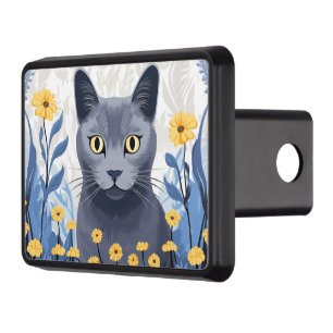 Russian Blue Cat Yellow Flowers Hitch Cover