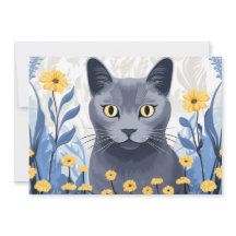 Russian Blue Cat Yellow Flowers