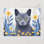 Russian Blue Cat Yellow Flowers Holiday Postcard