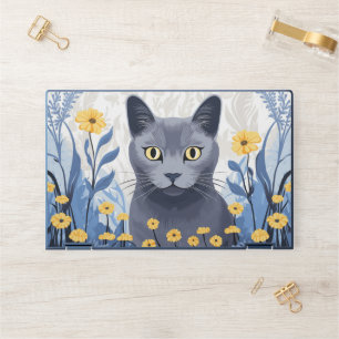 Russian Blue Cat Yellow Flowers HP Laptop Skin