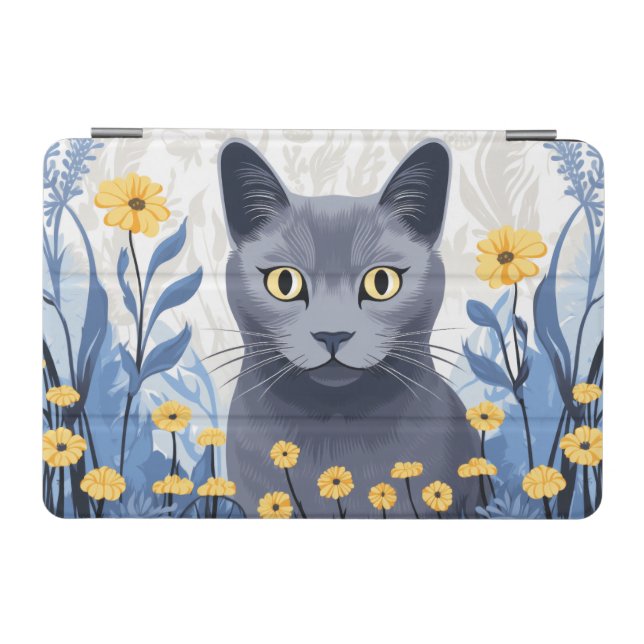 Russian Blue Cat Yellow Flowers iPad Mini Cover (Horizontal)