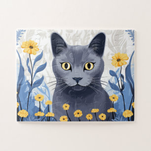 Russian Blue Cat Yellow Flowers Jigsaw Puzzle