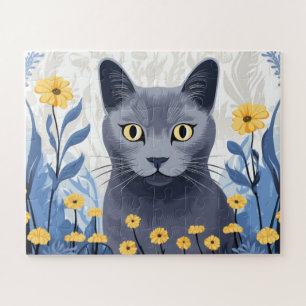 Russian Blue Cat Yellow Flowers Jigsaw Puzzle
