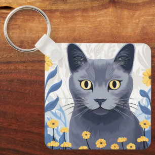 Russian Blue Cat Yellow Flowers Keychain