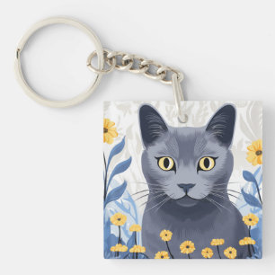 Russian Blue Cat Yellow Flowers Keychain