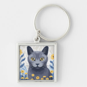 Russian Blue Cat Yellow Flowers Keychain