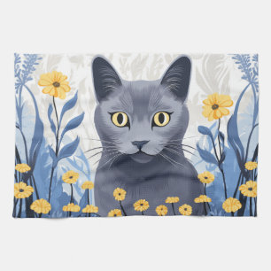 Russian Blue Cat Yellow Flowers Kitchen Towel