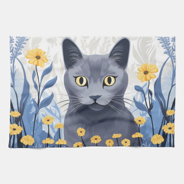 Russian Blue Cat Yellow Flowers Kitchen Towel (Horizontal)