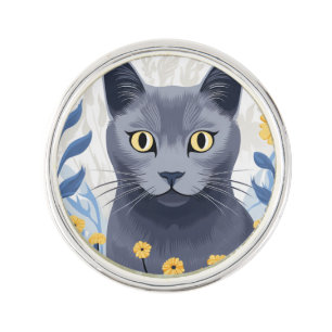 Russian Blue Cat Yellow Flowers Lapel Pin
