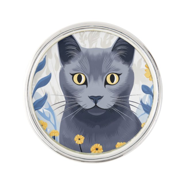Russian Blue Cat Yellow Flowers Lapel Pin (Front)
