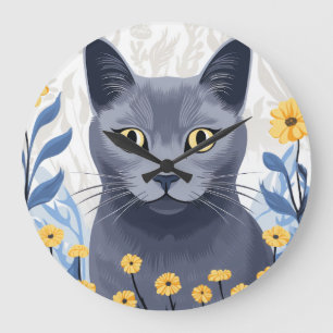 Russian Blue Cat Yellow Flowers Large Clock