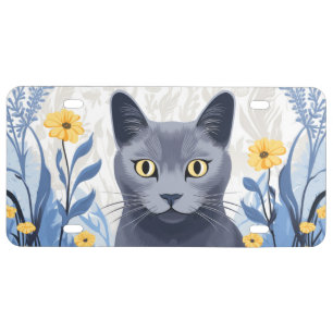 Russian Blue Cat Yellow Flowers License Plate