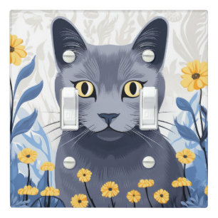 Russian Blue Cat Yellow Flowers Light Switch Cover