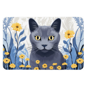 Russian Blue Cat Yellow Flowers Magnet