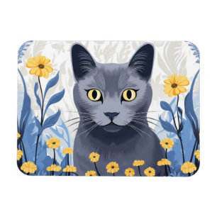 Russian Blue Cat Yellow Flowers Magnet